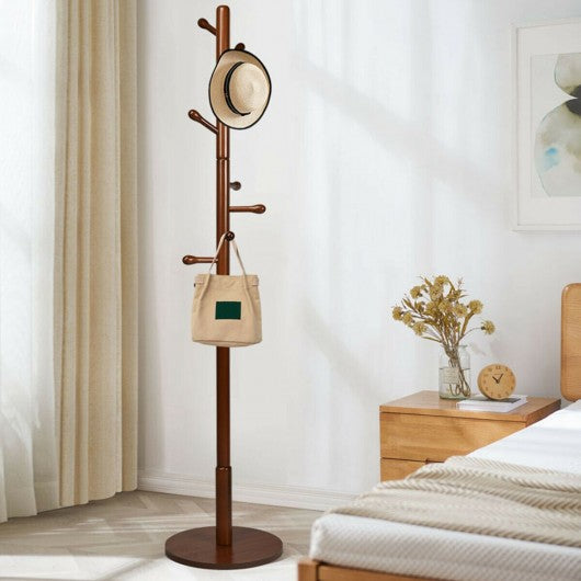 Wooden Coat Rack Stand Entryway Hall Tree 2 Adjustable Height w/ 10 Hooks