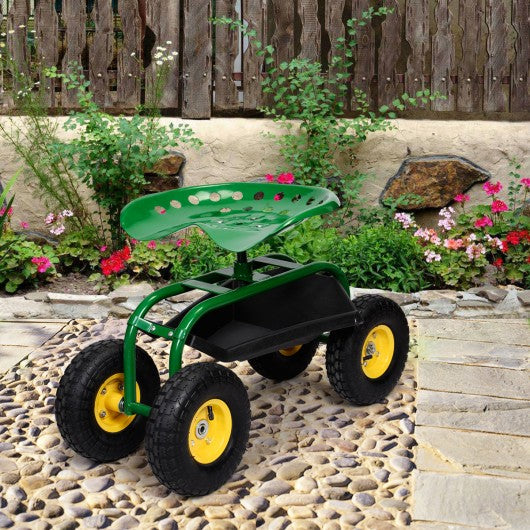 Red/Green Garden Cart Rolling Work Seat With Heavy Duty Tool Tray Gardening Planting