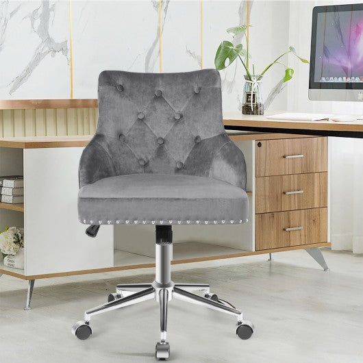 Tufted Upholstered Swivel Computer Desk Chair with Nailed Tri-Gray