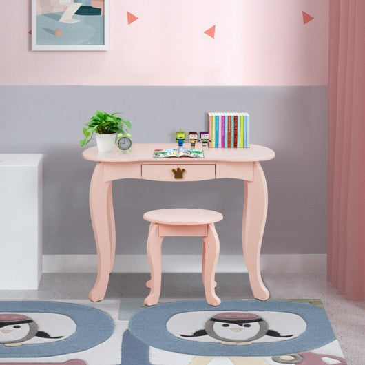 Kids Makeup Dressing Table with Tri-folding Mirror & Stool