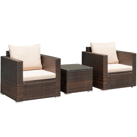 3Pcs Patio Conversation Rattan Furniture Set w/Cushion