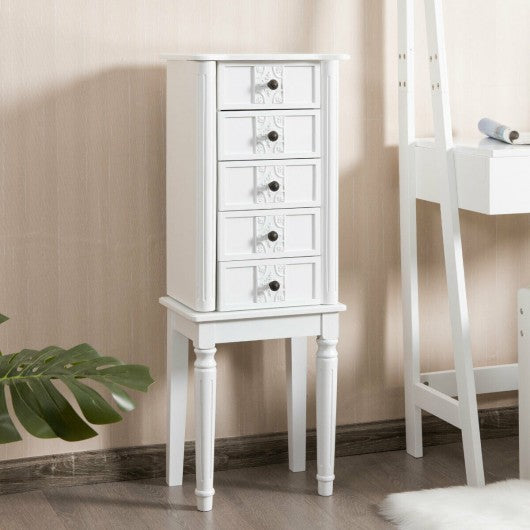 Standing Jewelry Cabinet Armoire with Top Flip Makeup Mirror