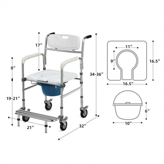 Aluminum Medical Transport Commode Wheelchair Shower Chair
