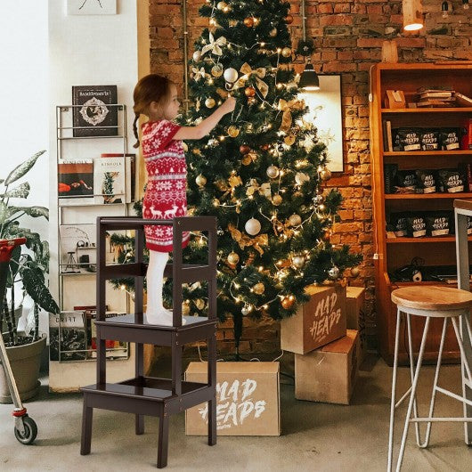 Wooden Kids Kitchen Learning Toddler Tower w/ Safety Rail-Coffee