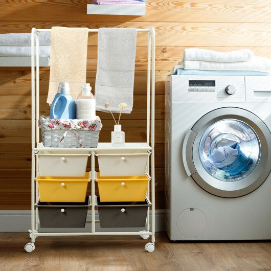 6 Drawer Rolling Storage Cart with Hanging Bar -Yellow