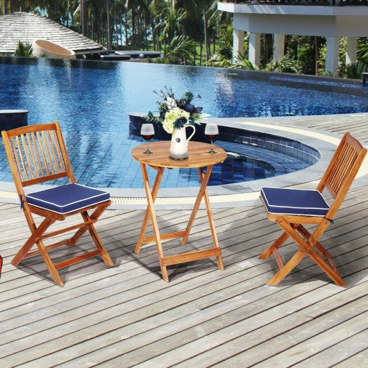 3PCS Patio Folding Wooden Bistro Set Cushioned Chair -Navy