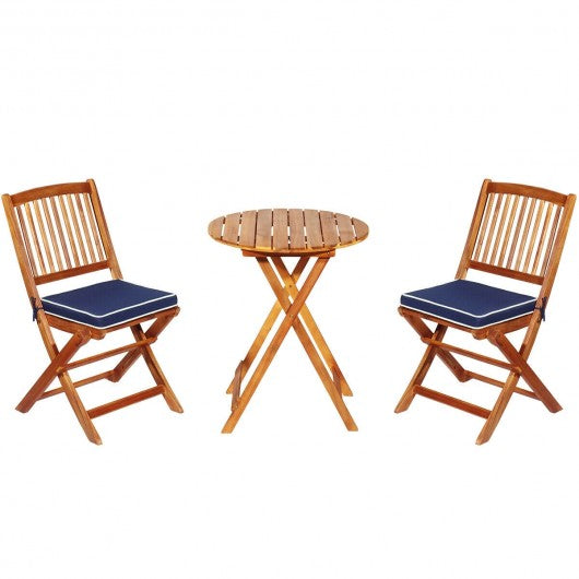 3PCS Patio Folding Wooden Bistro Set Cushioned Chair